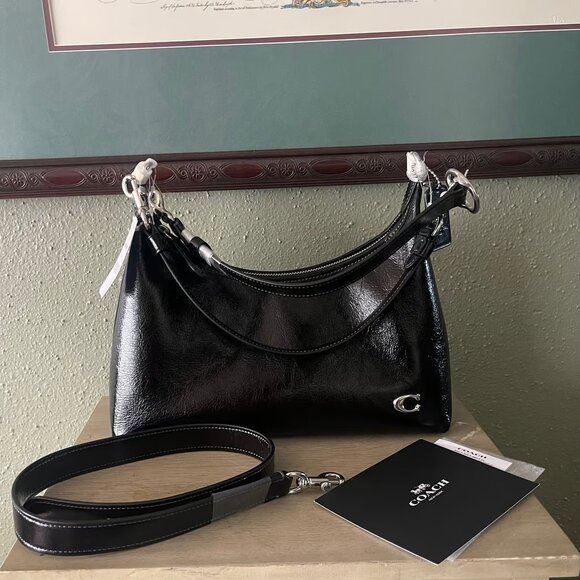 ✨✨*NWT* COACH Juliet Shoulder CR652 Black Glazed Leather & Silver Hardware